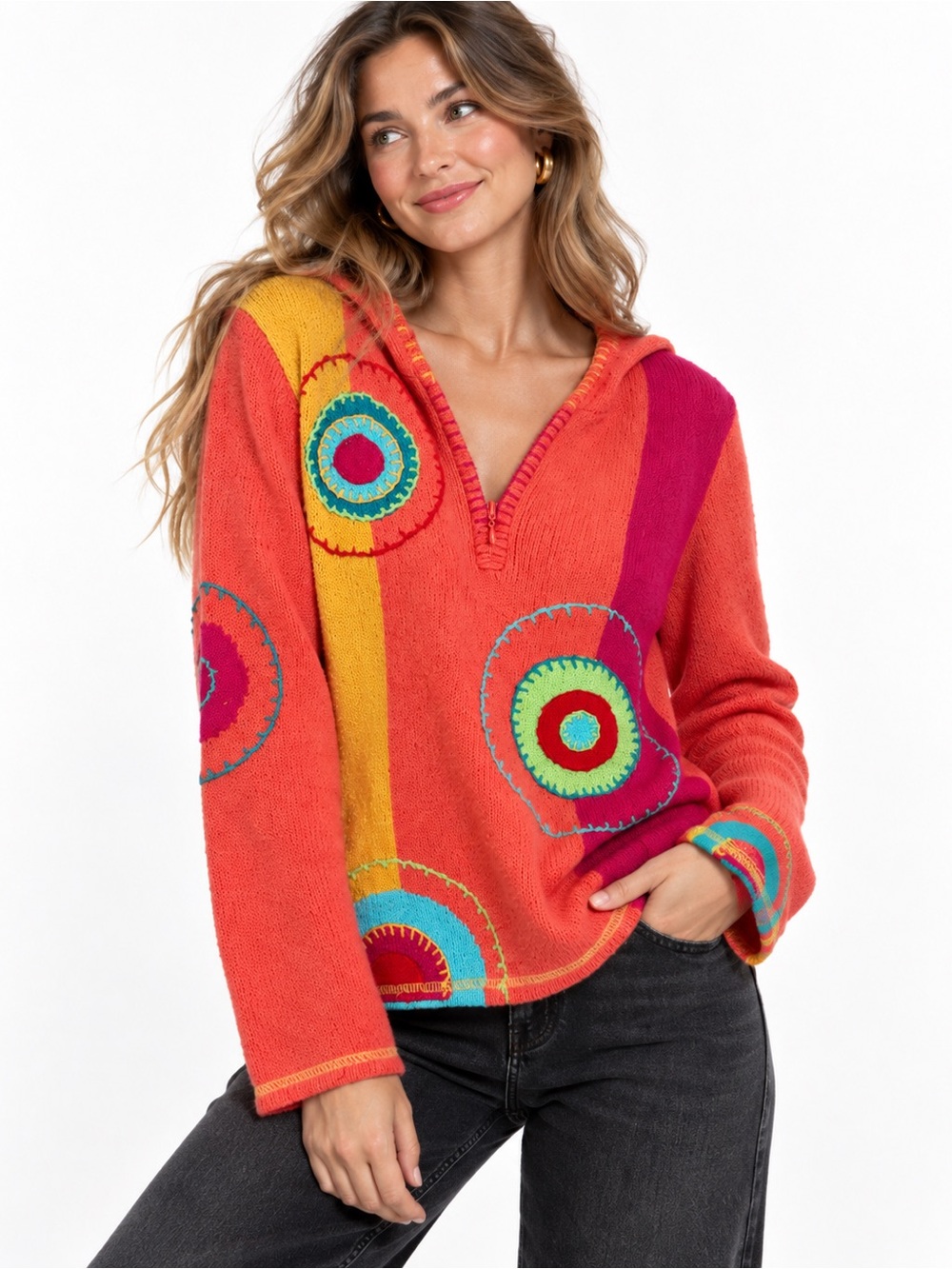 Timberlea M Colorblock Circle Applique Hooded Knit Sweater Stitching Patchwork